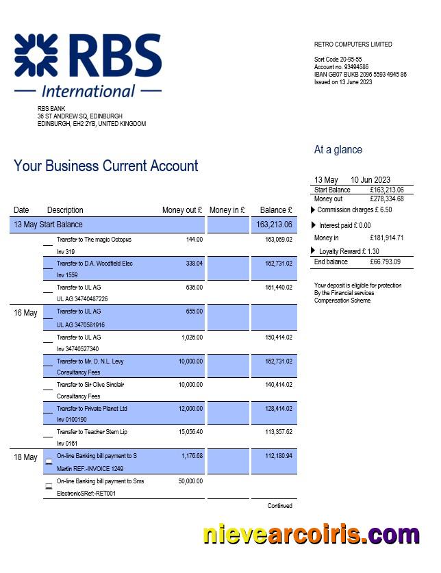 RBS Bank business checking account statement